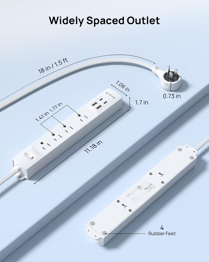 TROND Power Strip Outlet Extender with 360° Rotating Plug, 1.5FT Extension Cord with Multi Plug Wall Outlets and 4 USB (2 USB C), 1440J Surge Protector, Mountable for Couche, Nightstand, Desk, White - Image 2